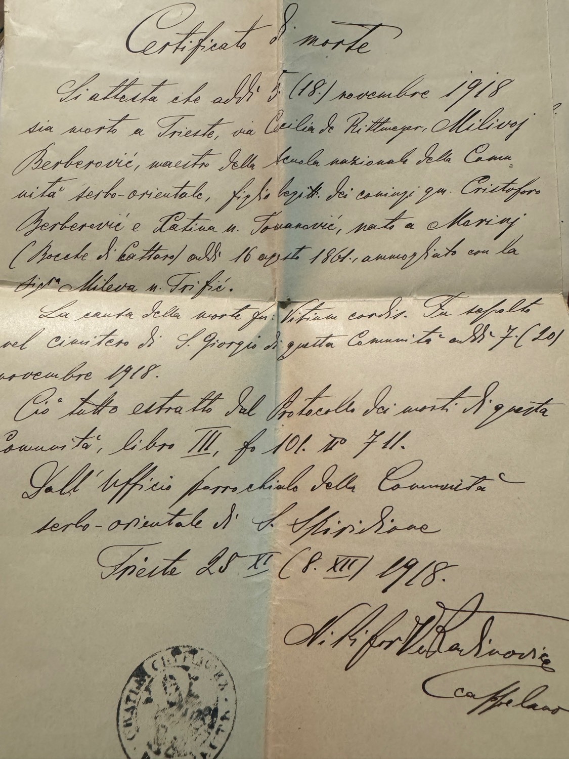 Death certificate Milivoj (Michele) Berberović, Trieste 1918