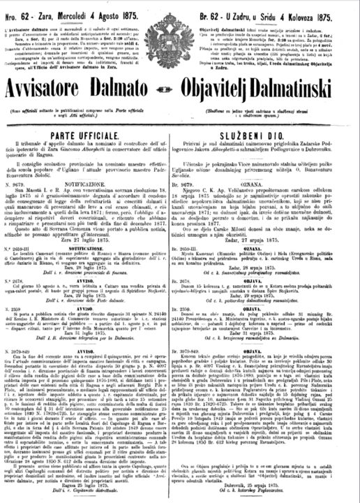 Marko Berberović - Front page of the Avvisatore Dalmato / Objavitelj Dalmatinski. No. 62. Zara (Zadar), 4 August 1875.