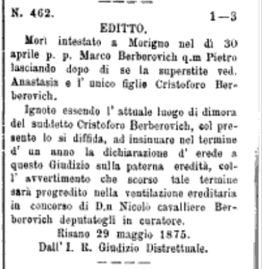 Marko Berberović - Editto 462”, extract from Avvisatore Dalmato, 4 August 1875