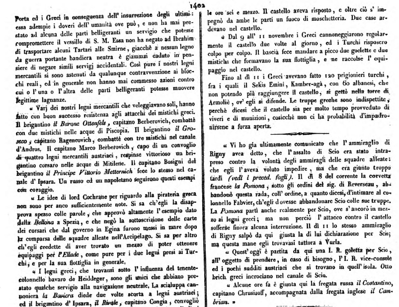 Marko Berberovich - Gazzetta di Milano, Wednesday, 19 December 1827, “Impero Ottomano, Notizie dall'Arcipepago”, extract from a newsreport.