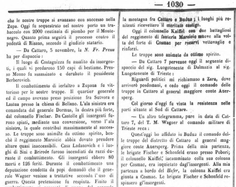 Excerpt from the Giornale di Roma, November 1869, reporting the news about the assassination of a Berberović