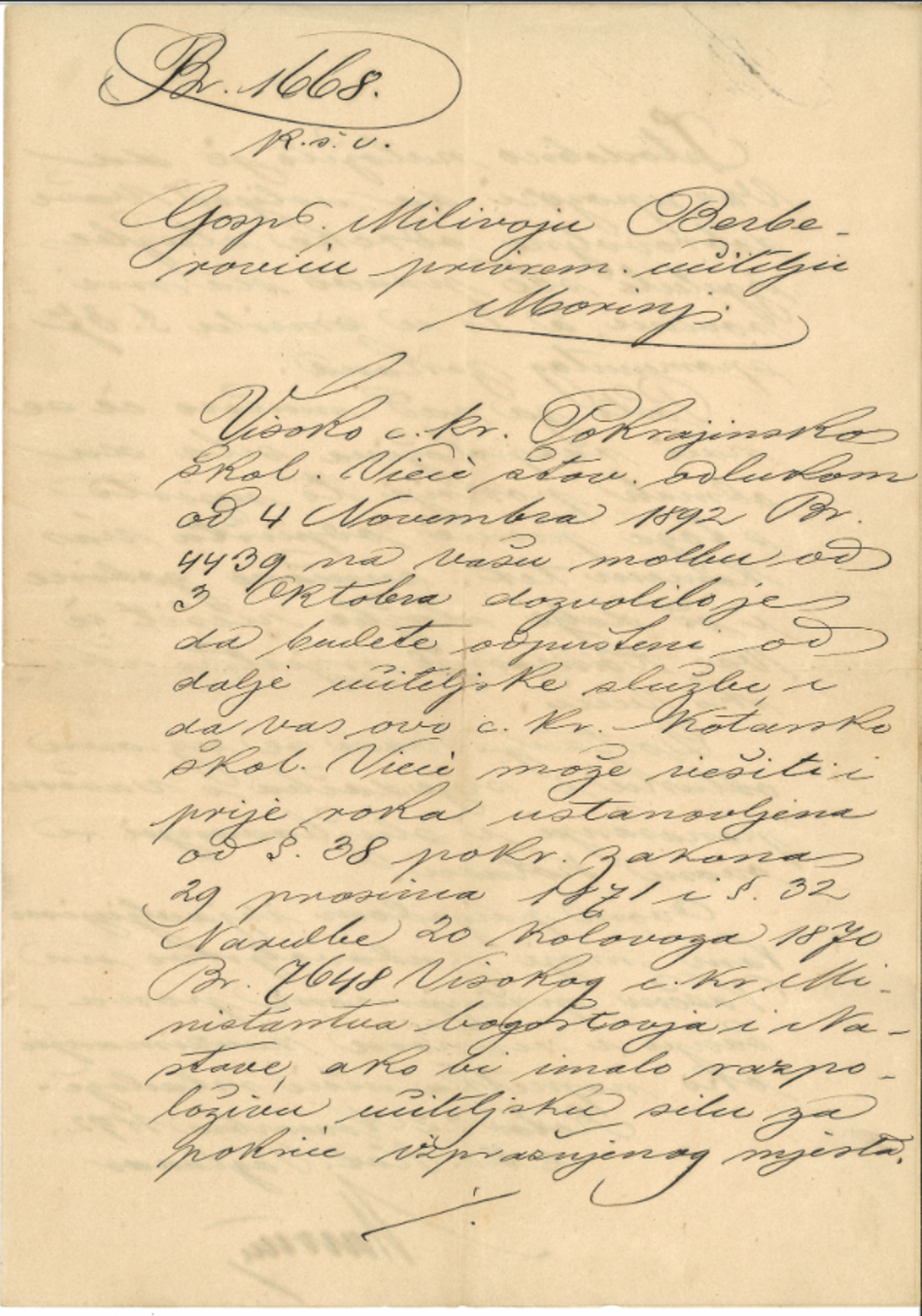 Official Dismissal of Milivoj Berberović from Teaching Service (1892)