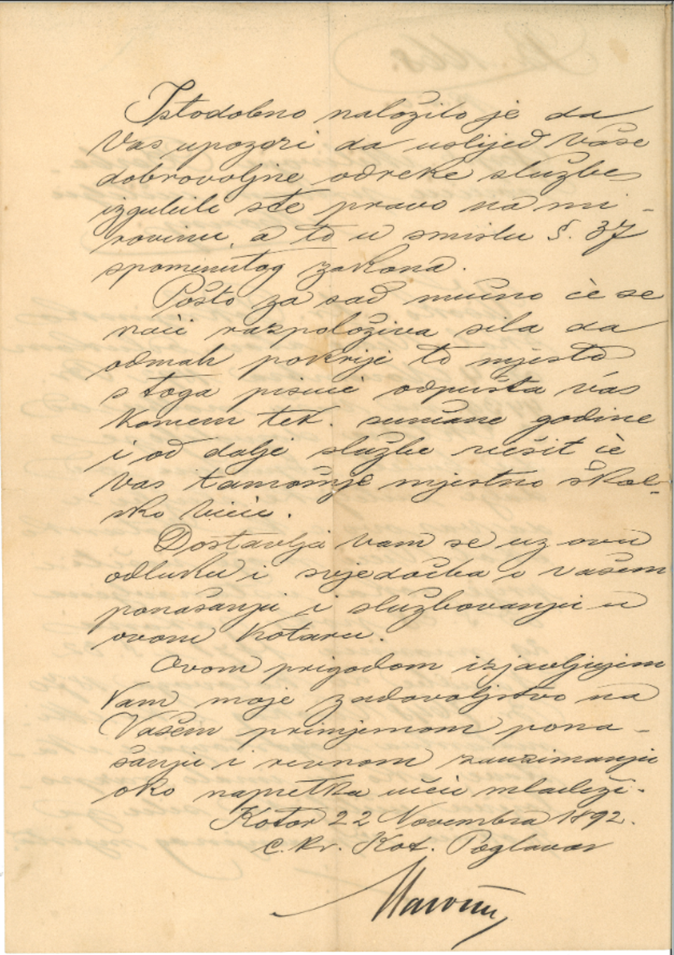 Official Dismissal of Milivoj Berberović from Teaching Service (1892)