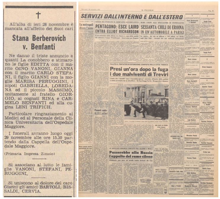 Obituary Anastasia Stana Berberovich married Benfanti, Il Piccolo di Trieste, 29 November 1972