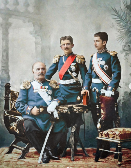 Prince of Montenegro with his sons Crown Prince Danilo and Prince Mirko, representing Montenegro at the coronation of Emperor Nicholas II of Russia, May 1896.