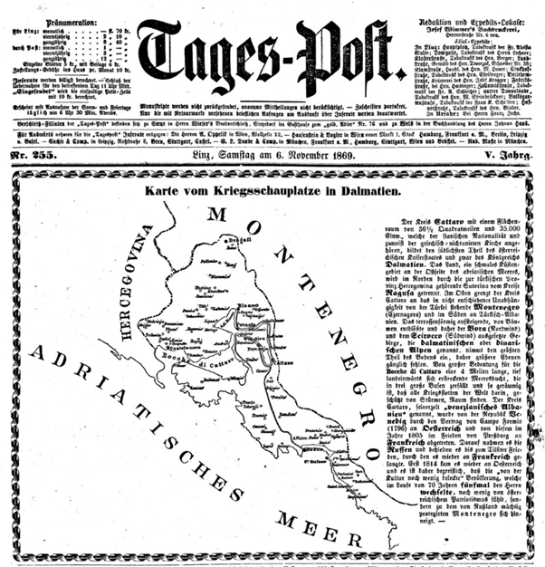 Map of the theatre of war in Dalmatia published in the Linzer Tages-Post, 6 November 1869, showing the District of Cattaro, the Bay of Kotor, and the border with Montenegro